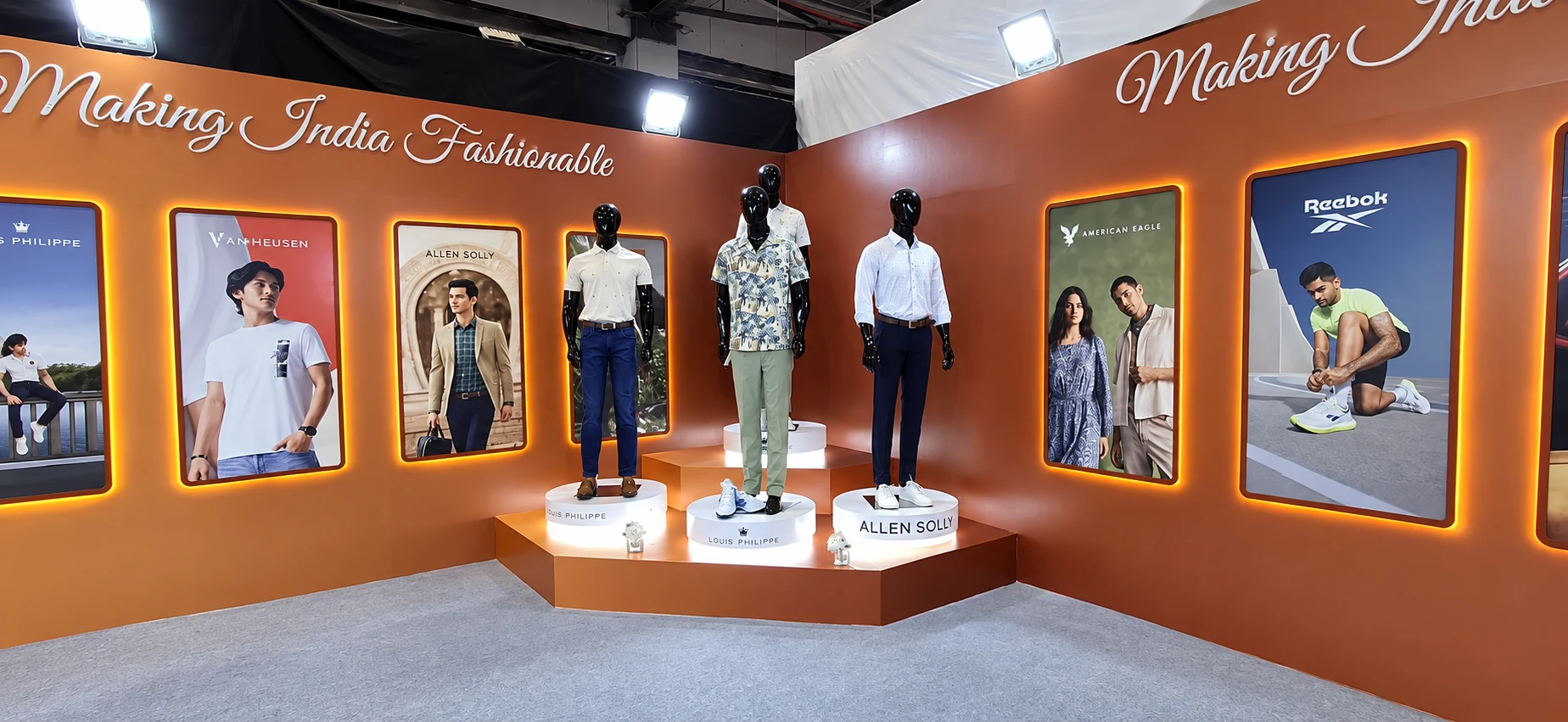 Louis Philippe and Allen Solly mannequin podium with framed brand walls — Making India Fashionable