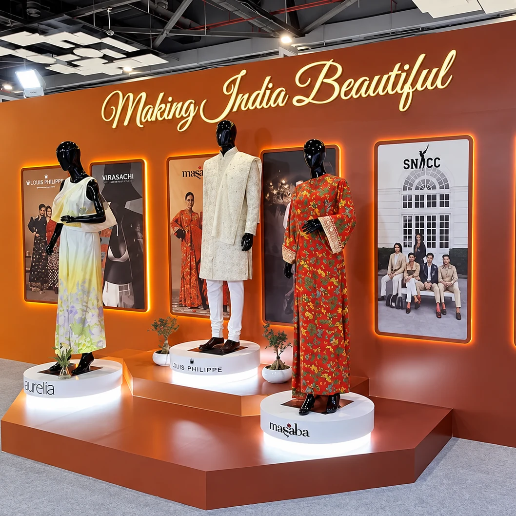Making India Beautiful wall with aurelia, Louis Philippe and masaba mannequins at the Aditya Birla pavilion