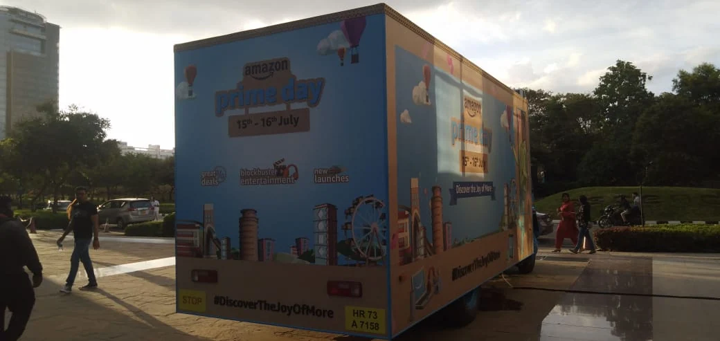 Rear view of the wrapped Prime Day truck carrying the Discover the Joy of More campaign