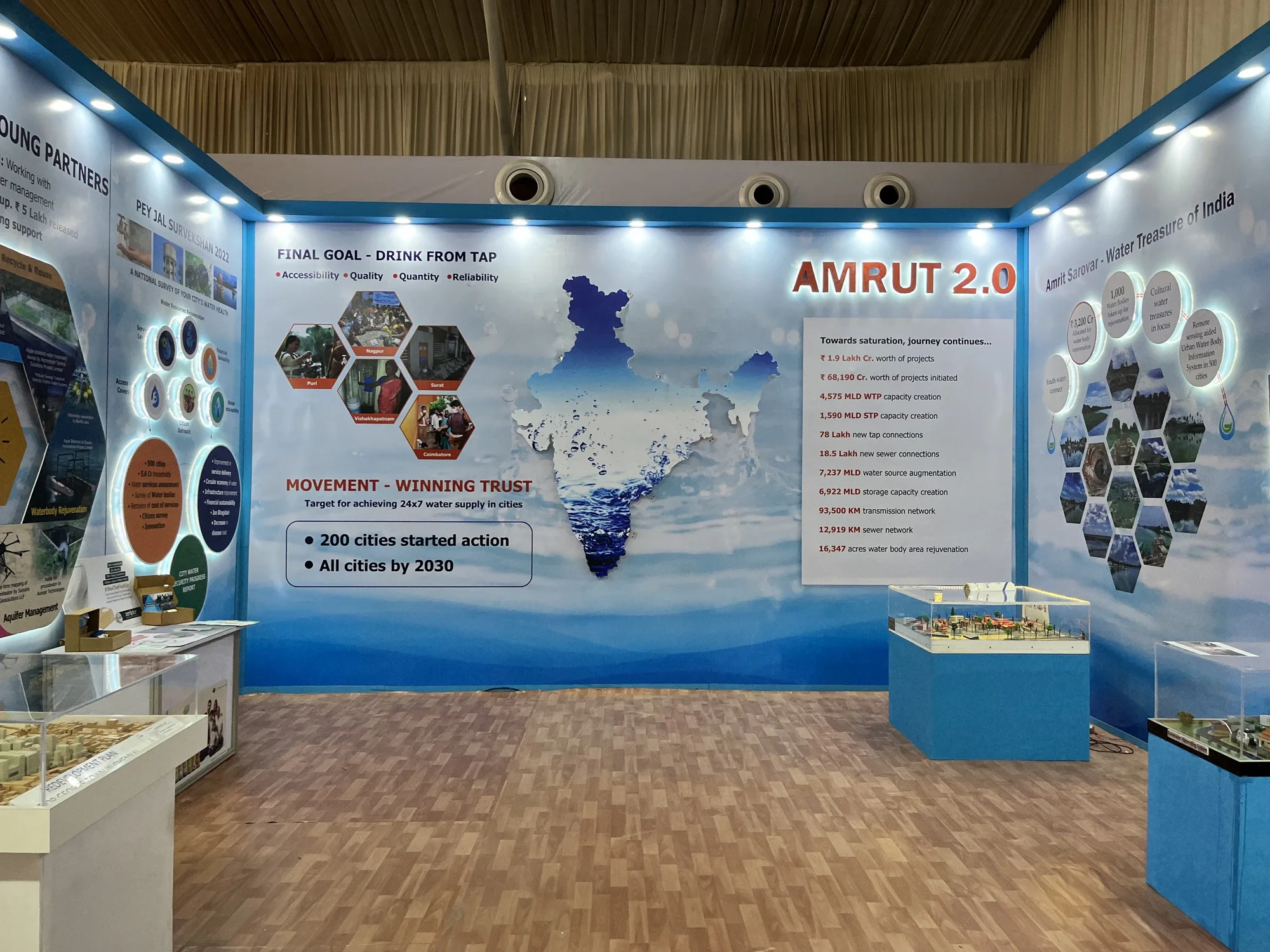 AMRUT 2.0 pavilion wall with India water map and mission statistics at the Indian Urban Conclave