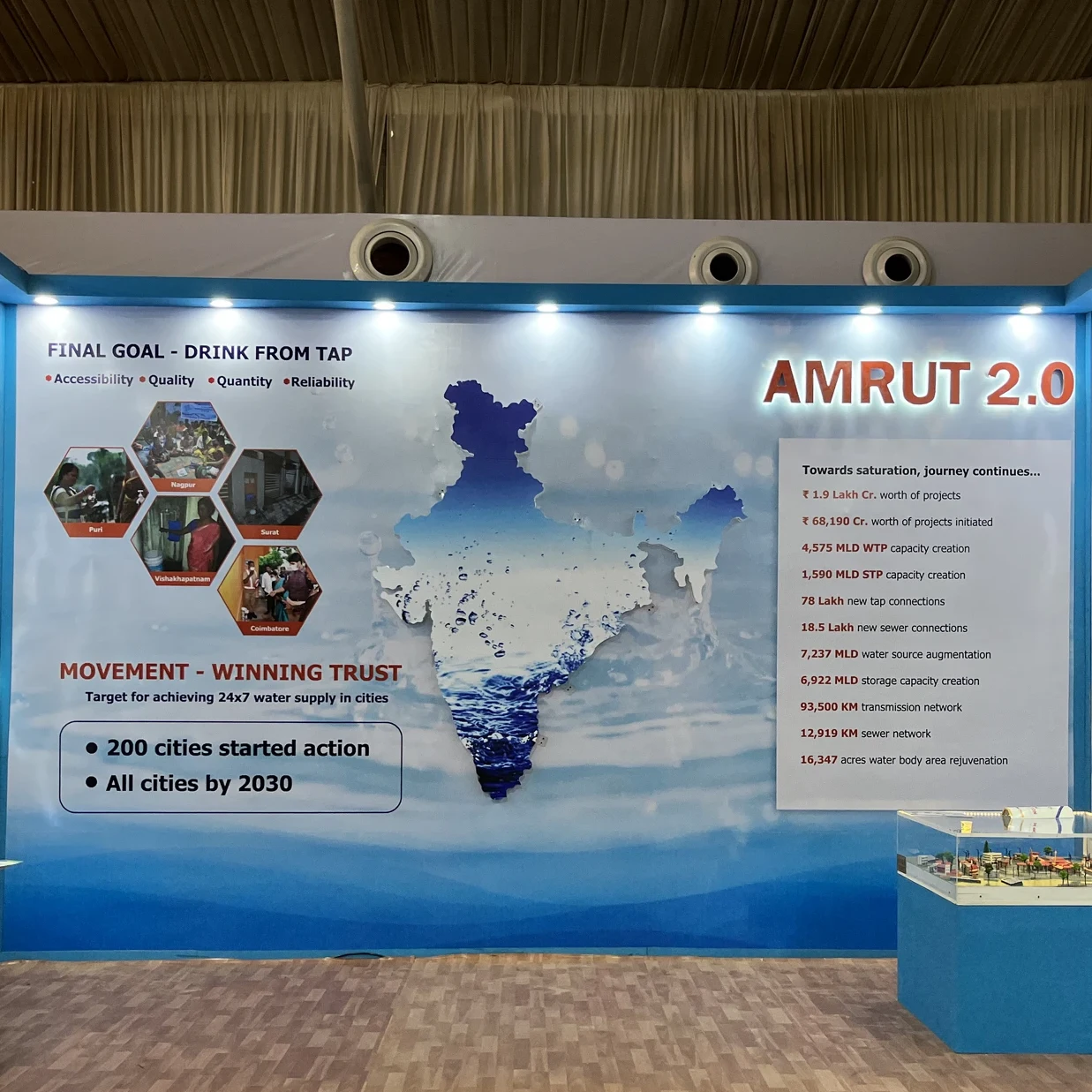 AMRUT 2.0 pavilion wall with India water map and mission statistics at the Indian Urban Conclave