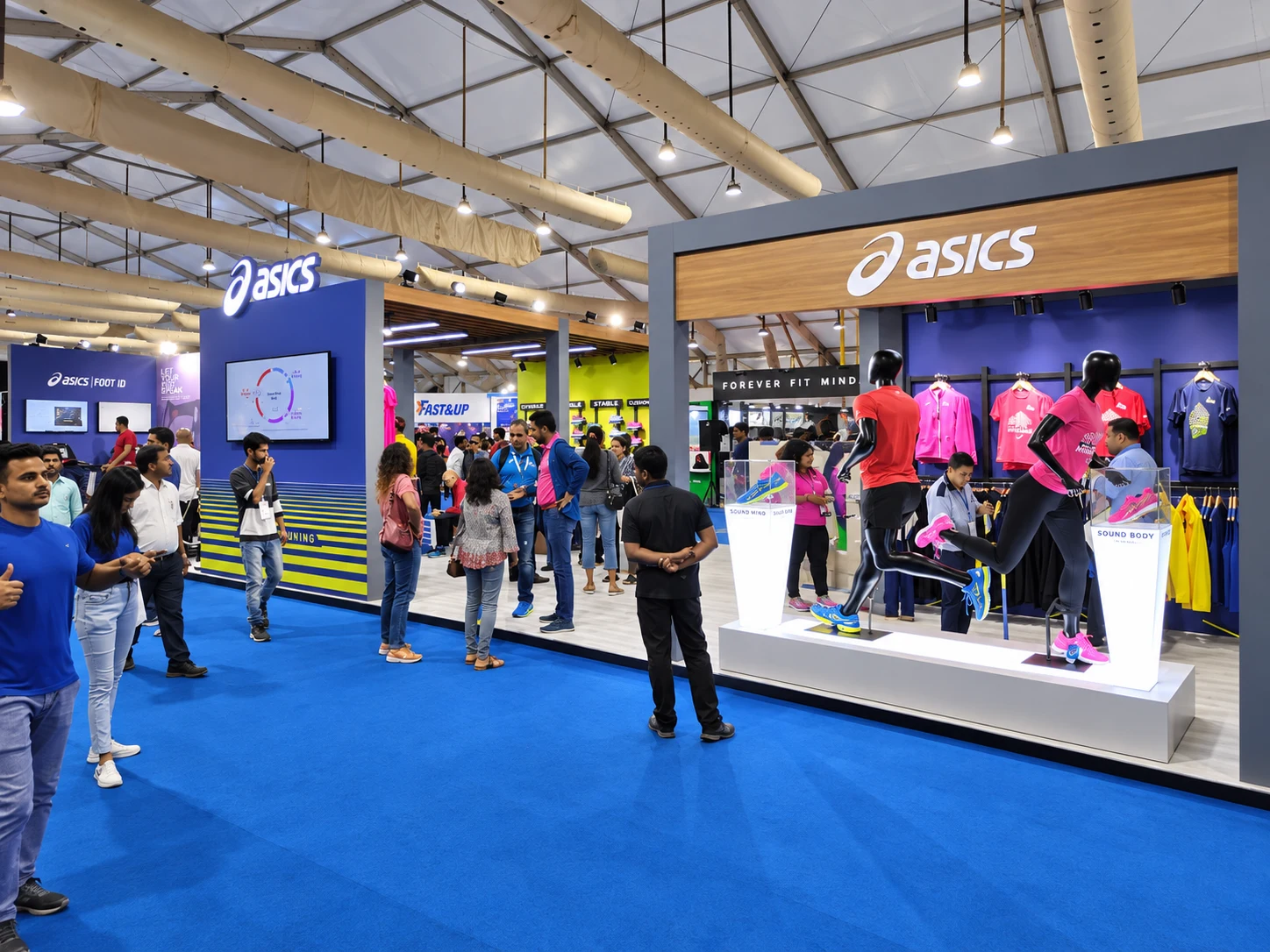 Crowds at the ASICS expo hall with runner mannequins and product displays