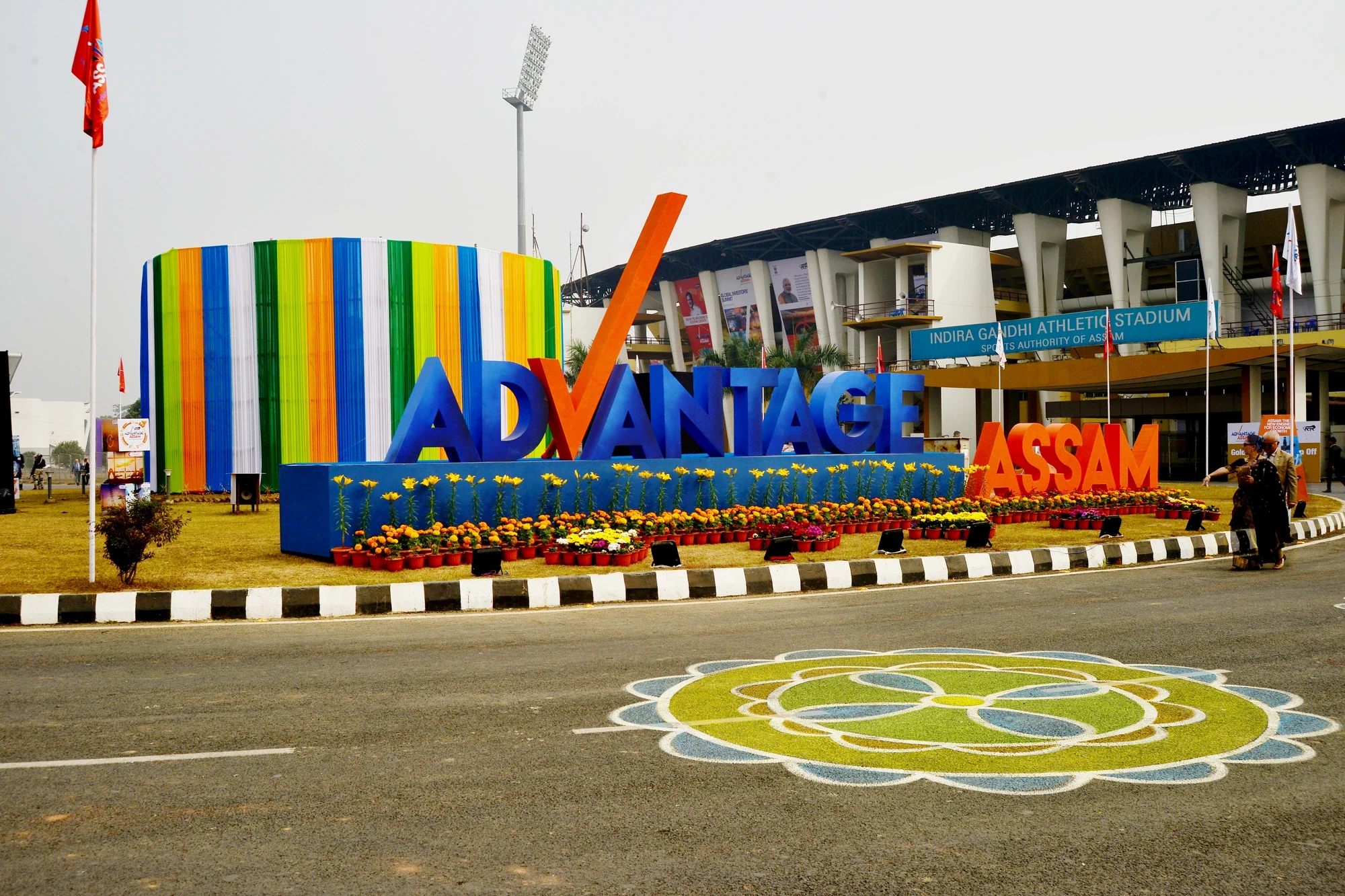 Advantage Assam installation at Indira Gandhi Athletic Stadium with floral forecourt