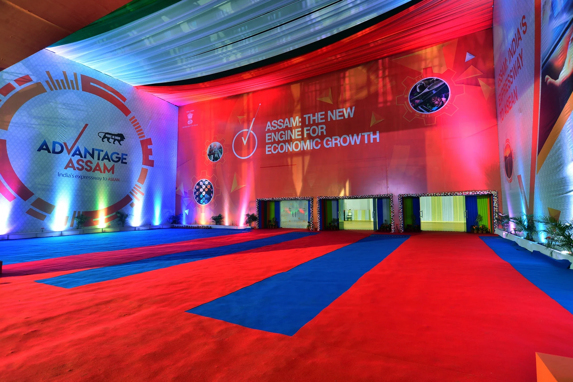 Red and blue carpeted welcome hall at Advantage Assam