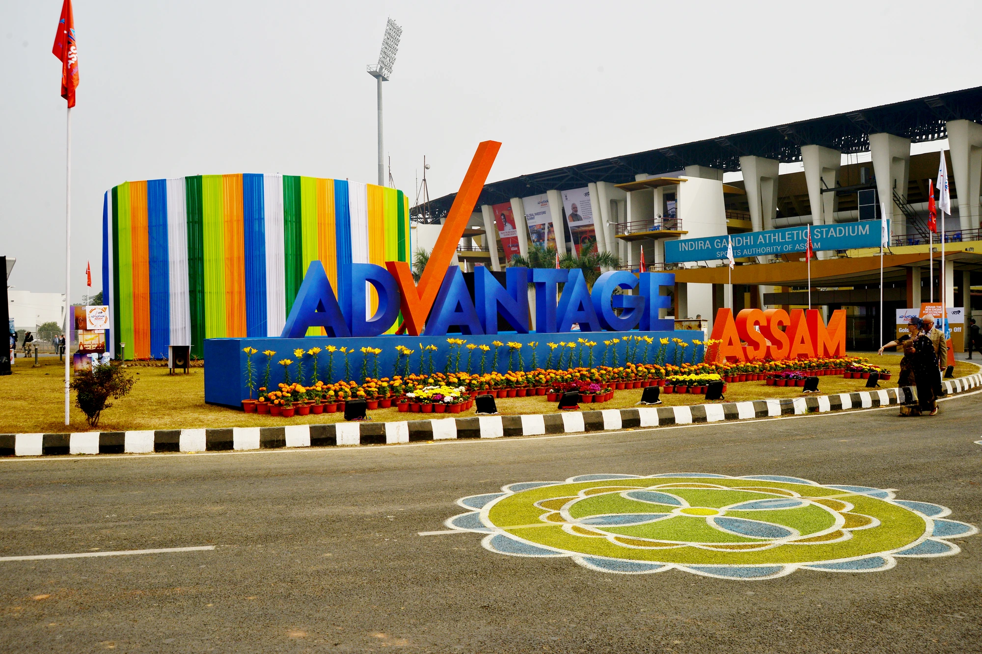 Advantage Assam installation at Indira Gandhi Athletic Stadium with floral forecourt