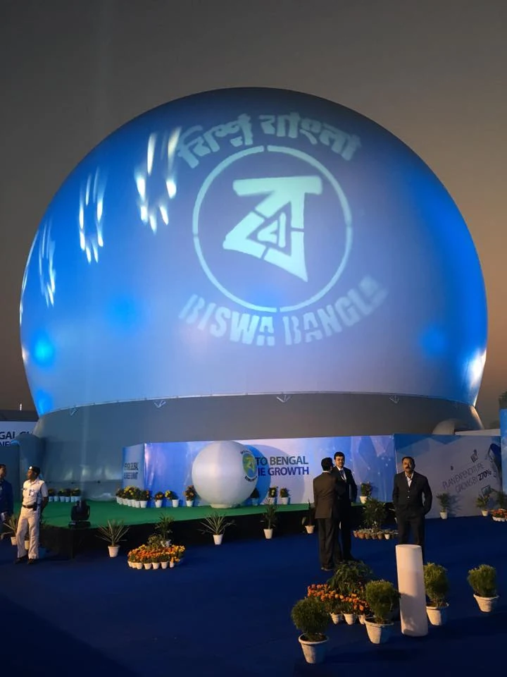 The illuminated Biswa Bangla dome at night during the Bengal Global Business Summit 2017