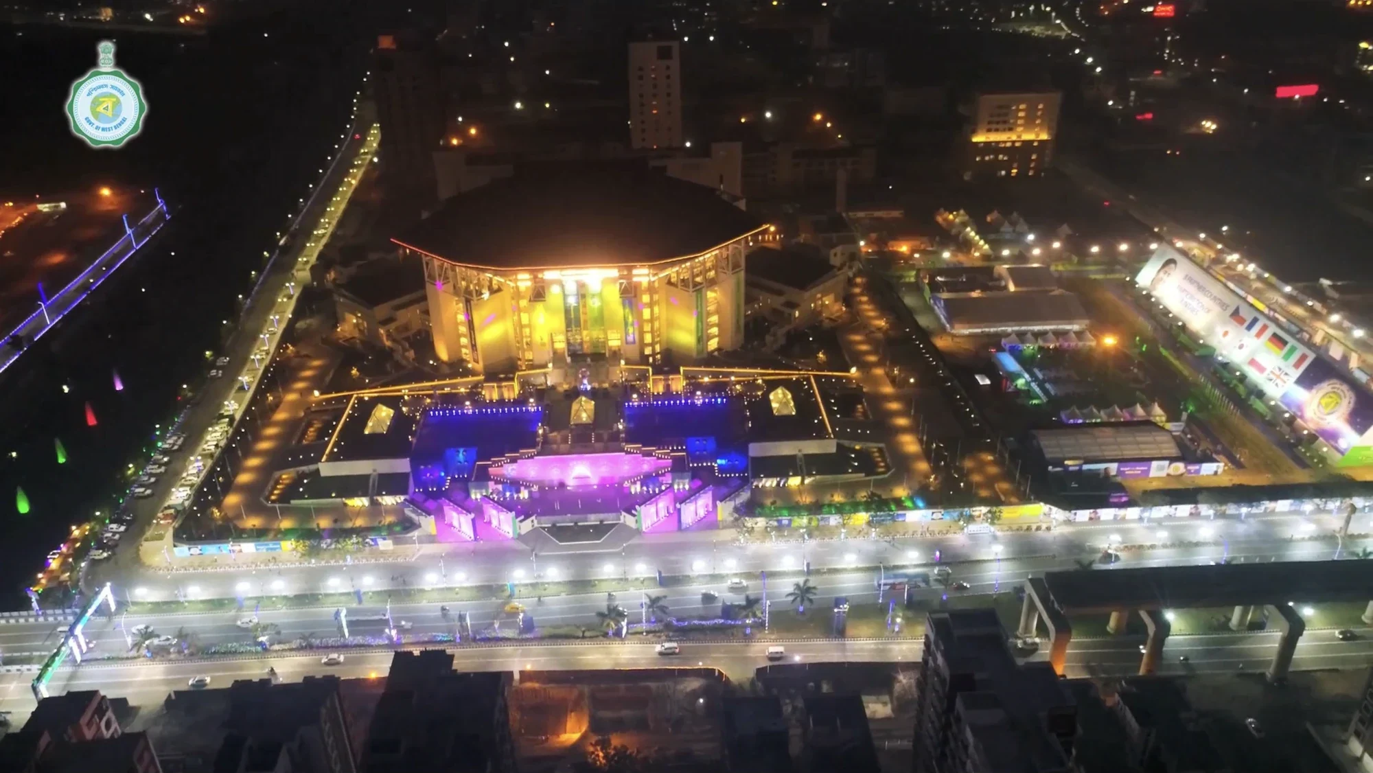 Aerial night view of the illuminated Bengal Global Business Summit 2018 venue