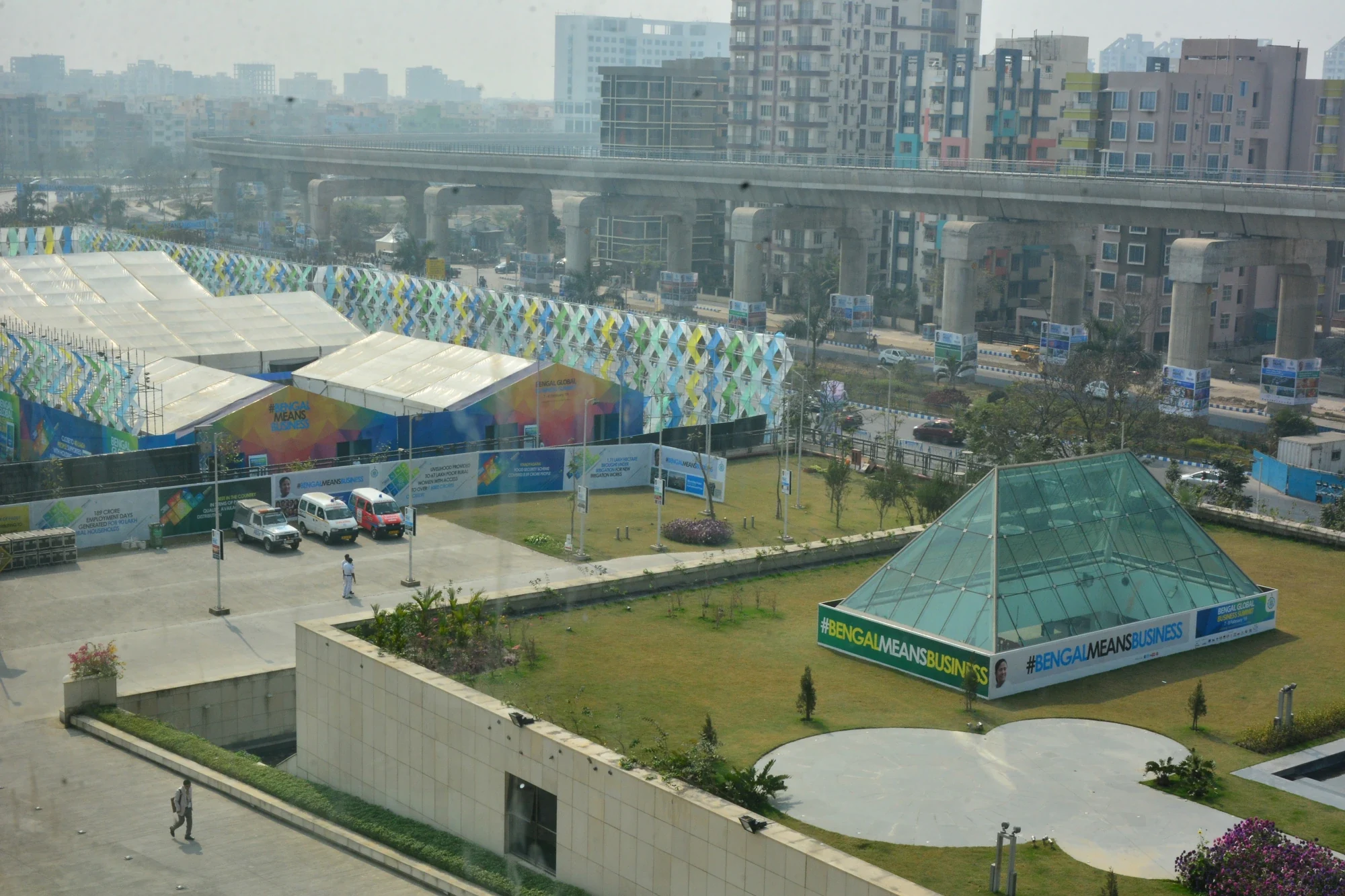 Aerial view of the Bengal Global Business Summit 2019 venue with the #BengalMeansBusiness pyramid