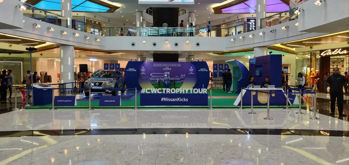 ICC Cricket World Cup Trophy Tour mall activation with Nissan Kicks car and branded backdrop