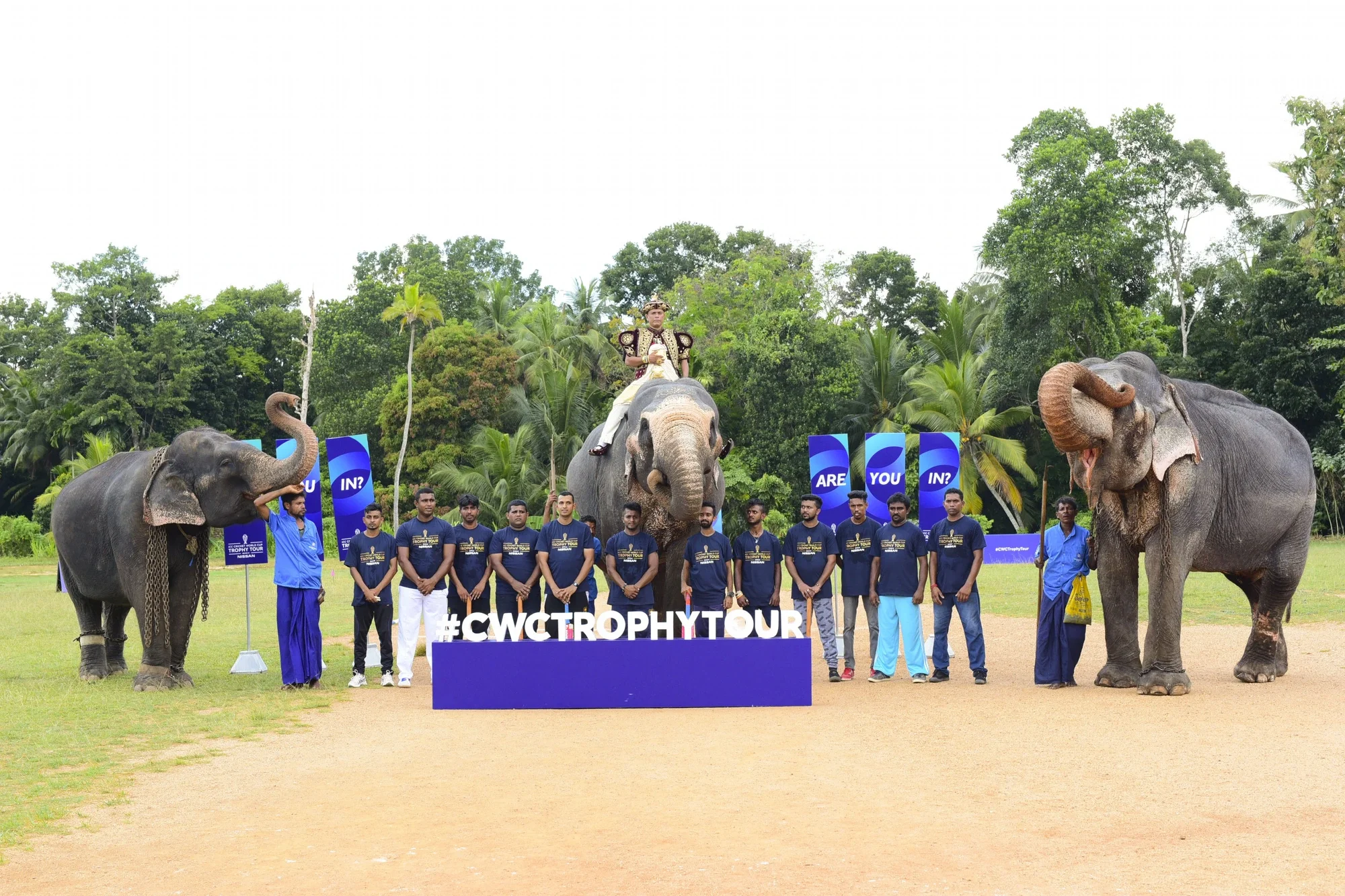 Sri Lanka leg — team with elephants and the #CWCTrophyTour plinth