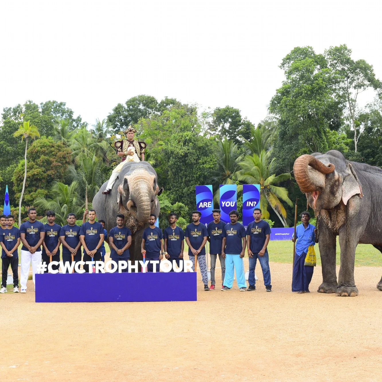 Sri Lanka leg — team with elephants and the #CWCTrophyTour plinth
