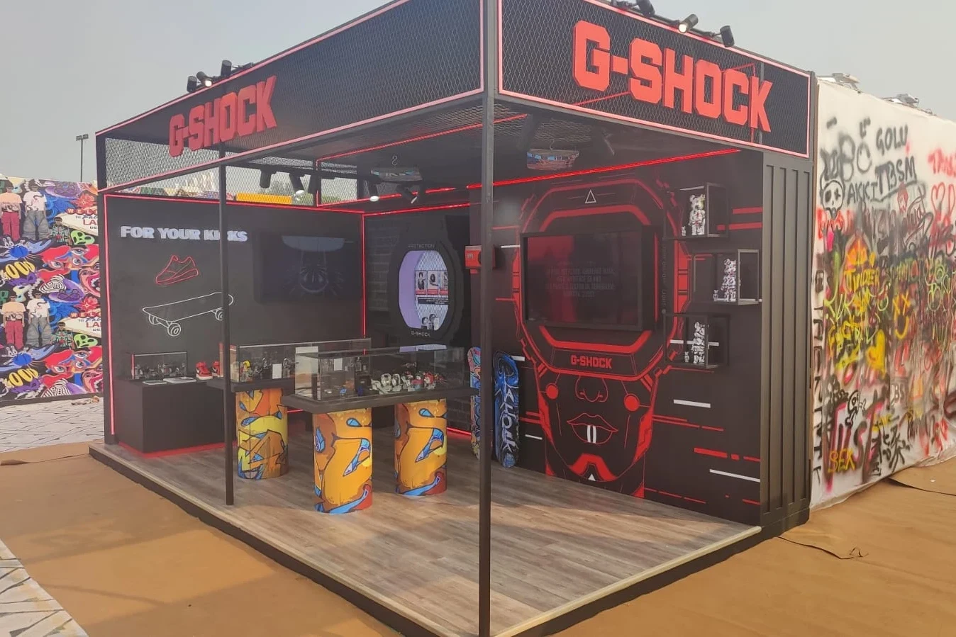 G-SHOCK pavilion exterior by day, wrapped in graffiti art