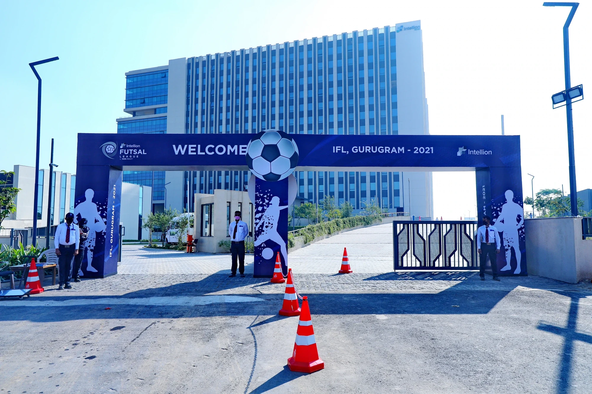 WELCOME entry gate with giant football at the Intellion Futsal League, Gurugram
