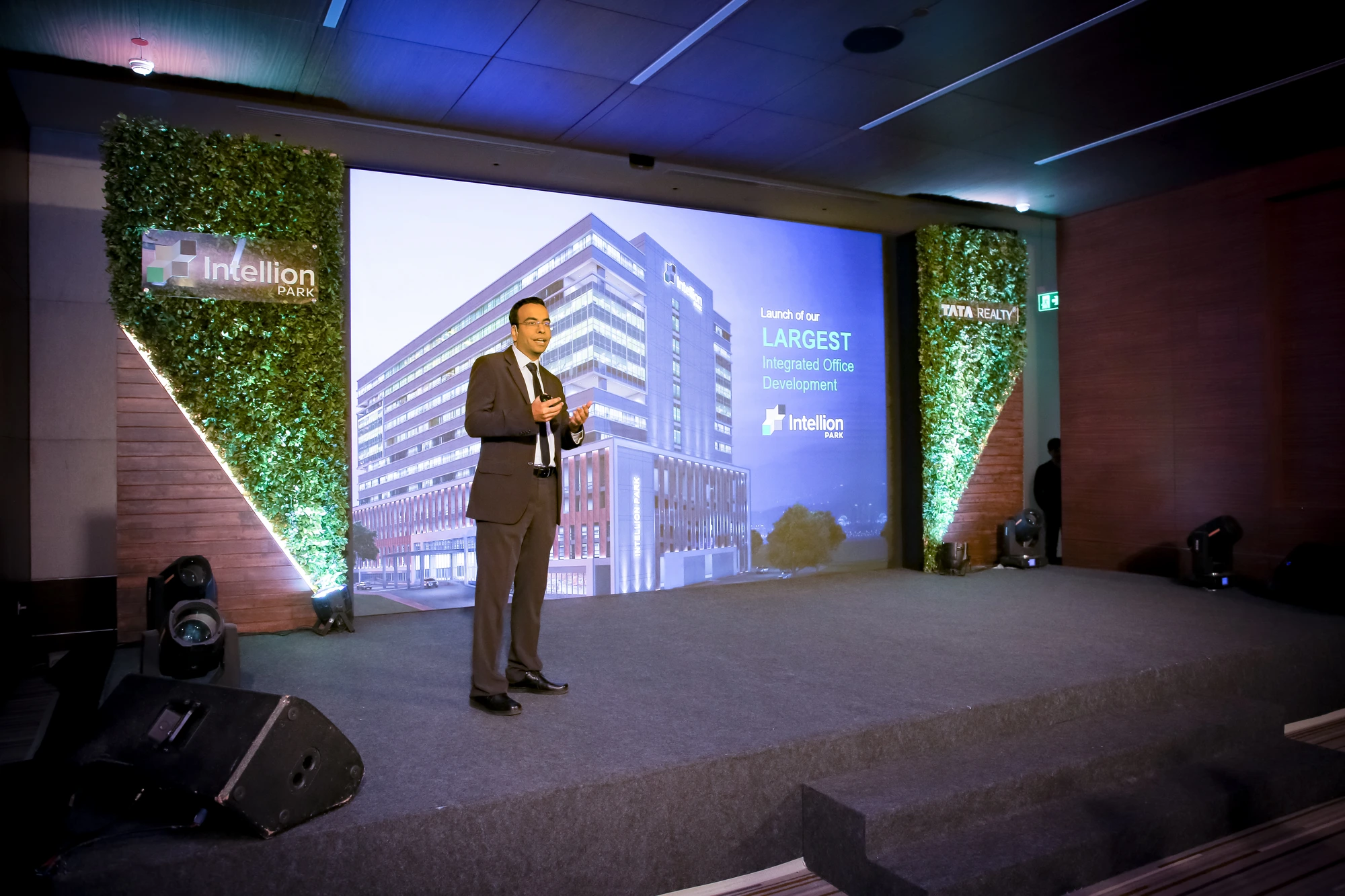 Intellion Park launch stage with LED backdrop and green walls