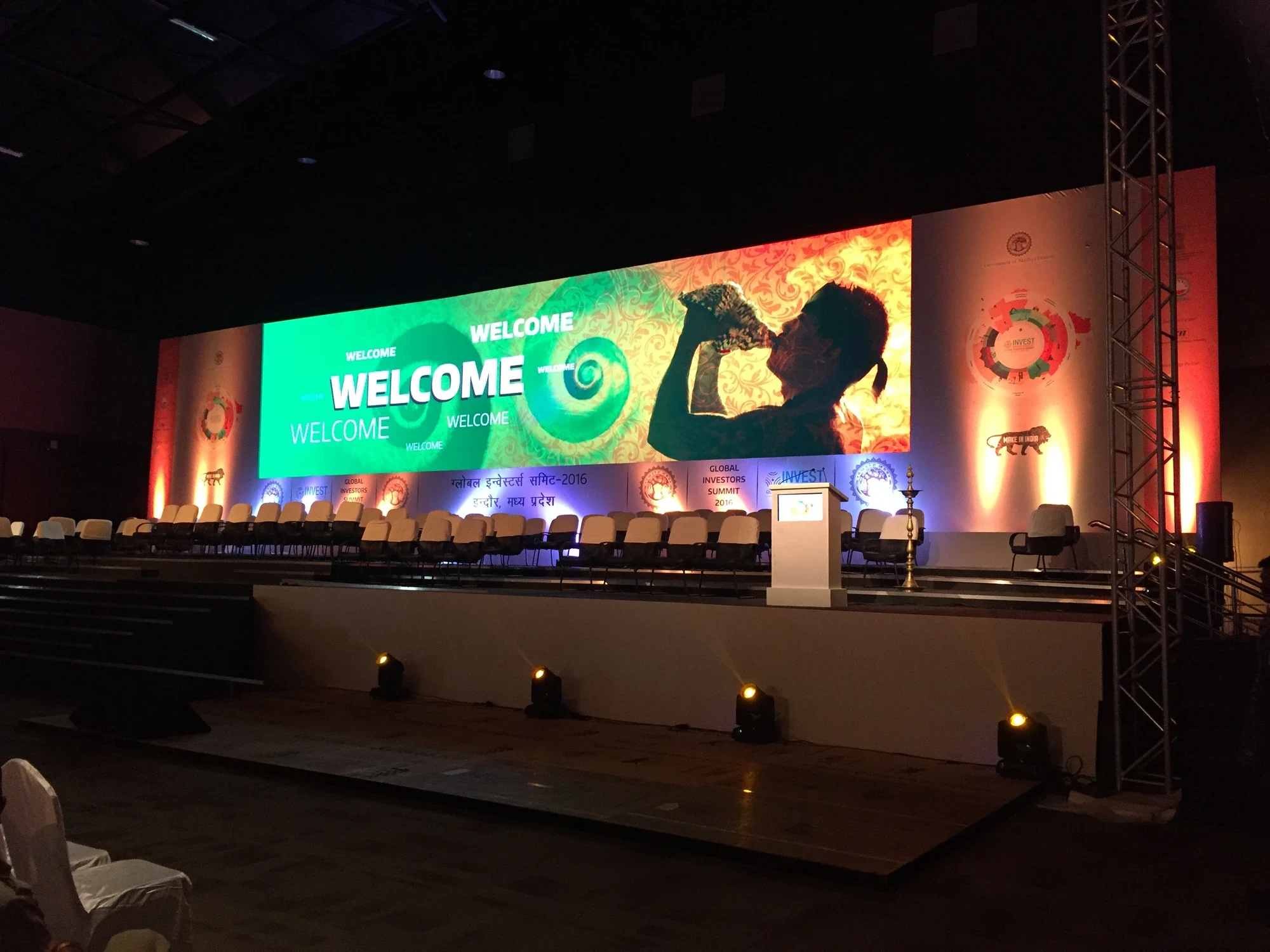 Welcome LED screen and stage set-up at the Global Investors Summit 2016, Indore