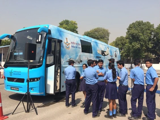 Indian Air Force IPEV mobile exhibition bus with young aspirants boarding