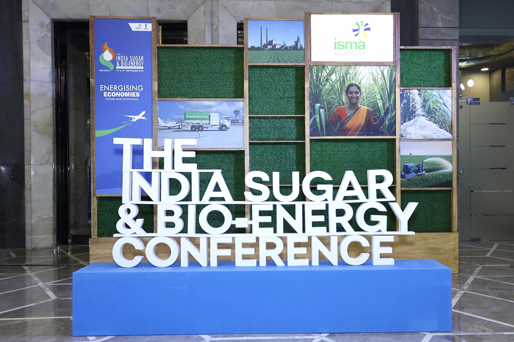 The India Sugar & Bio-Energy Conference 2025 letter installation at the venue entrance