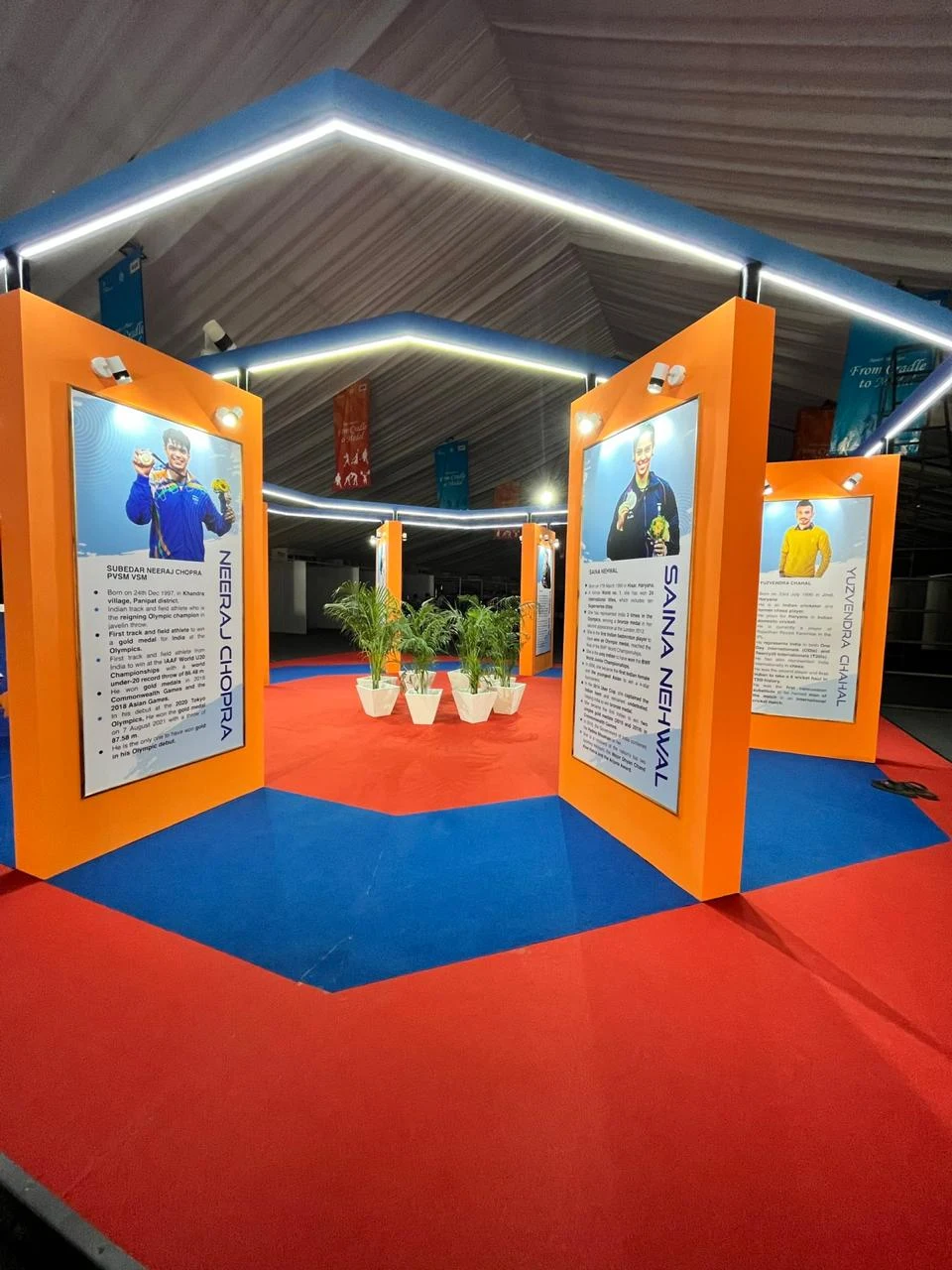 Athlete panels of Neeraj Chopra, Saina Nehwal and Yuzvendra Chahal inside the Khelo India pavilion