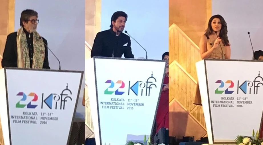 Amitabh Bachchan, Shah Rukh Khan and Parineeti Chopra addressing the audience from the 22nd KIFF podium