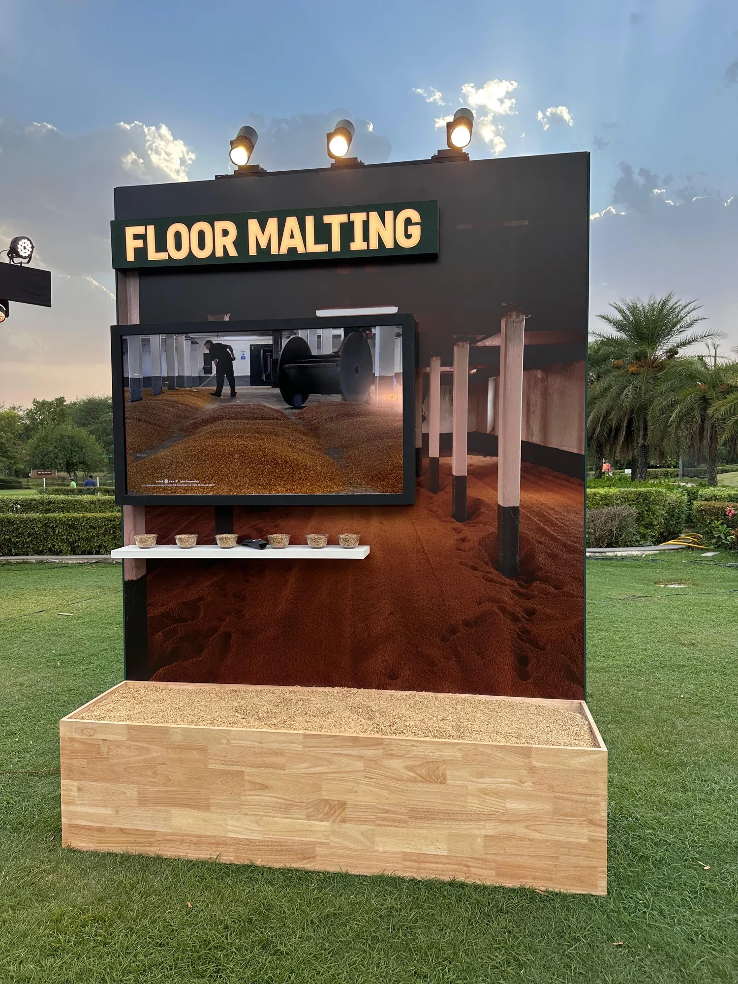 Floor Malting station — live screen, grain trough and tasting bowls