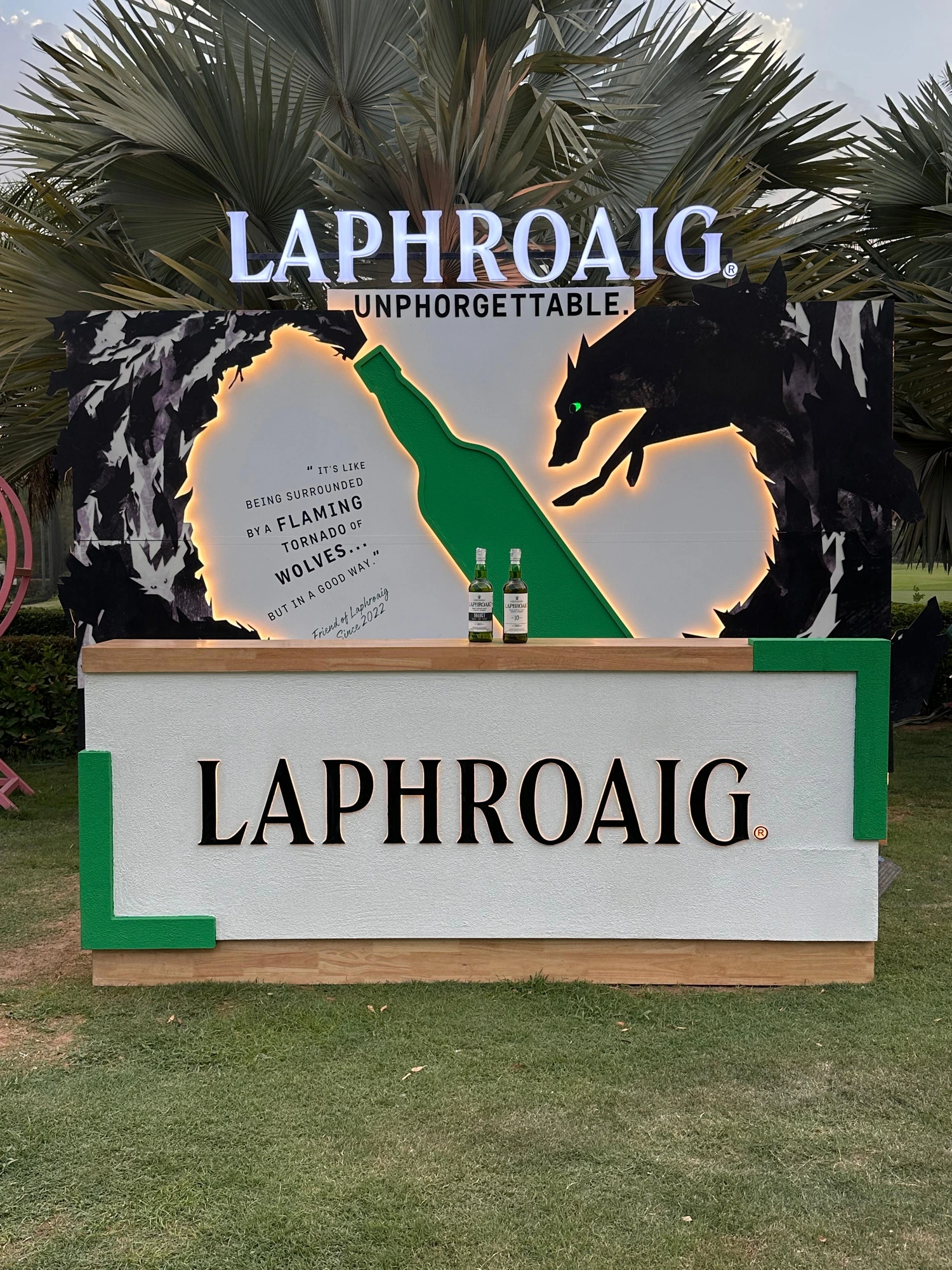Laphroaig Unphorgettable bar installation with illuminated wolf artwork