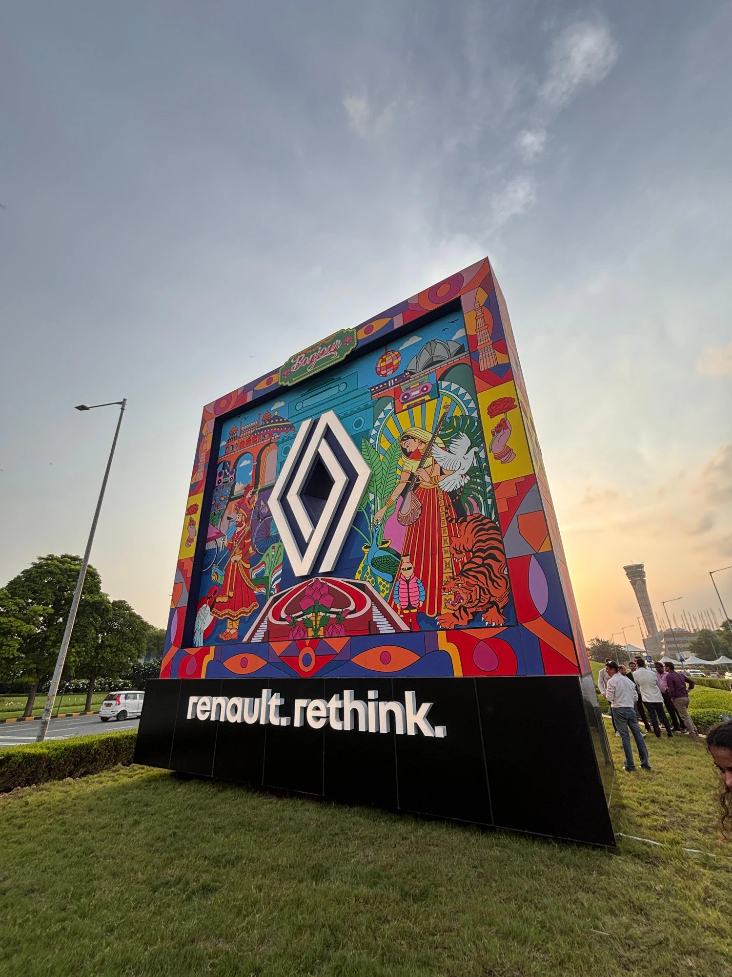 Side angle of the Renault installation with visitors at the airport gardens