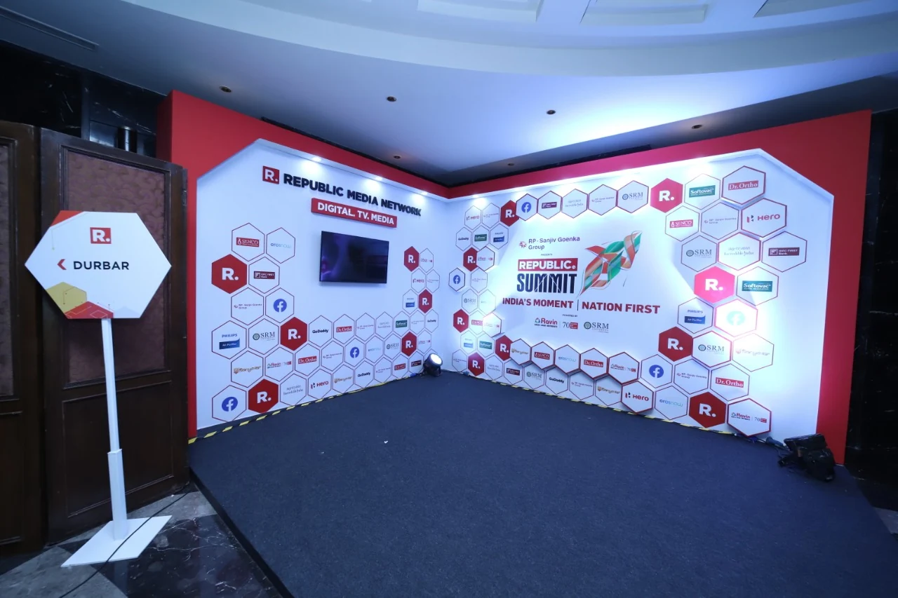 Sponsor hexagon wall and Durbar signage at the Republic Media Network entrance