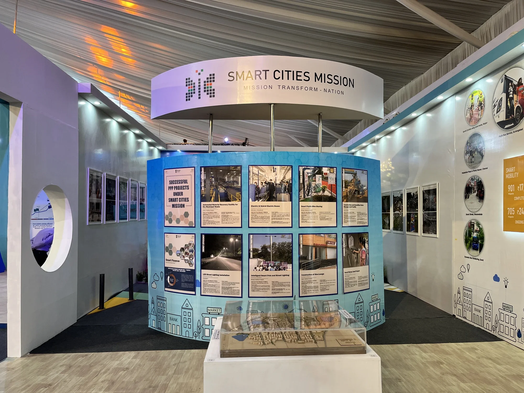 Smart Cities Mission pavilion with circular header and Successful PPP Projects showcase wall