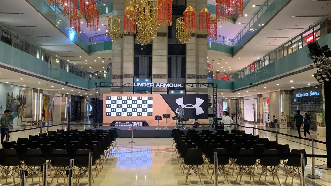 The Under Armour press conference stage set up in the Ambience Mall atrium